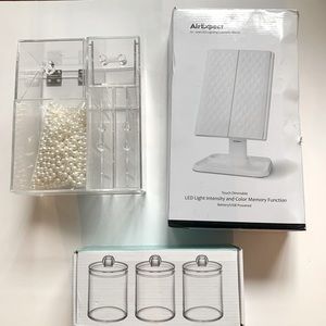 Acrylic Pearl Makeup Brush Holder, Led Makeup Mirror, & Acrylic Jar set
